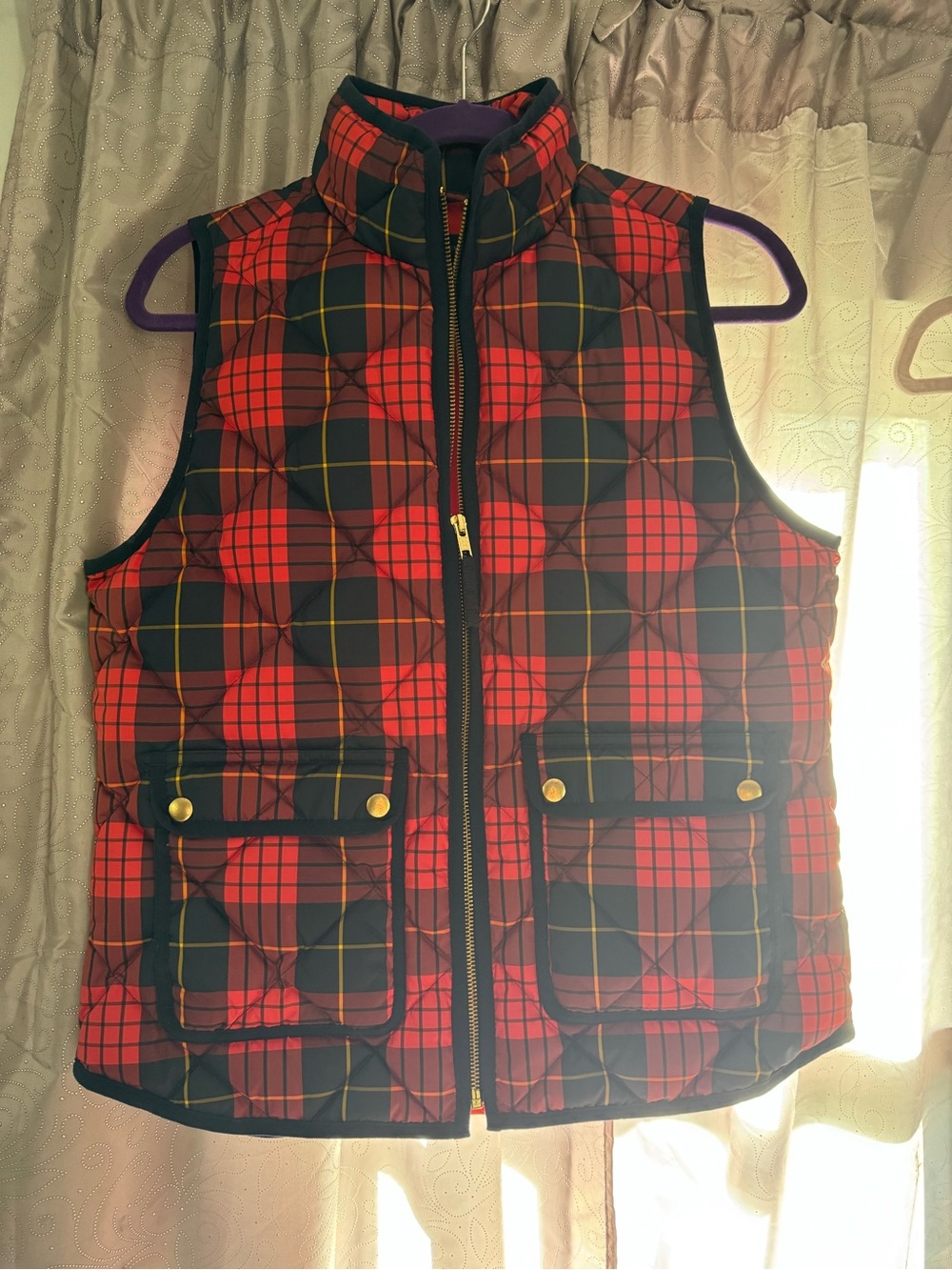 J. Crew Red and Black Plaid Quilted Vest